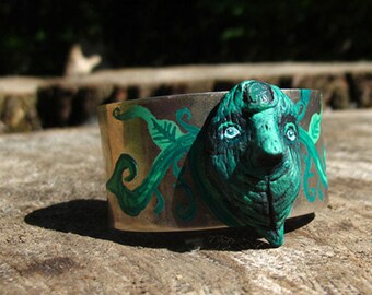 Green leaf- handsculpted faerie woodland cuff nature - Handmade jewelry sculpt