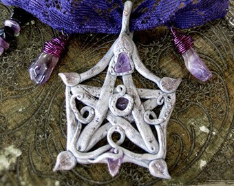 Pentacle witch purple chocker or Dark faerie necklace - illustrated jewelry