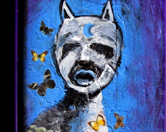 Cat -The butterflies guardian- original painting framed - artwork Painting