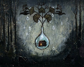 Sublimation - Sublimazione - alchemy forest house dew inner landscape - original painting - on paper A4 21x29.7 cm