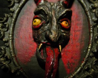 Krampus - daemon A - framed in dark brass vintage frame - OOAK mixed media artwork sculpture painting assemblage