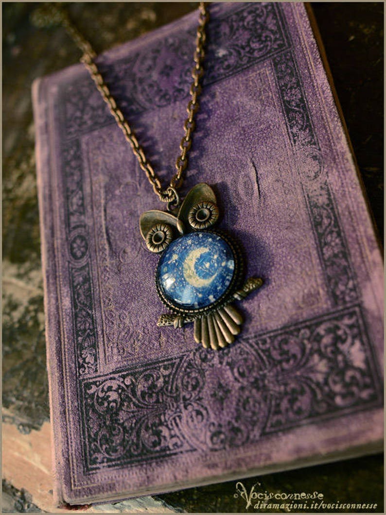 wearable art 1 Starry Night Owl art necklace handpainted Moon Luna illustrated jewelry