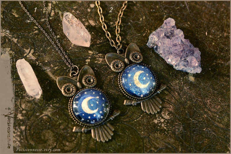 wearable art 1 Starry Night Owl art necklace handpainted Moon Luna illustrated jewelry