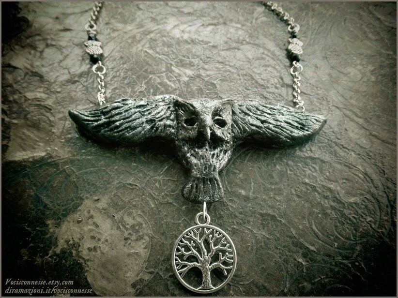 Flying Owl - Gufo in volo - necklace handsculpted owl in silver tone- handmade jewelry sculpt