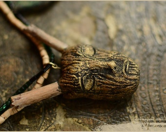 Wood spirit sleeping with leaves -  OOAK Handmade jewelry sculpt