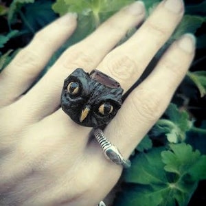 May include: A black owl ring with a silver snake ring on the same finger. The rings are worn on a hand with dark nail polish.