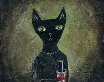 vegetarian vampire cat - print from original painting  - 18,5x 18,5 cm