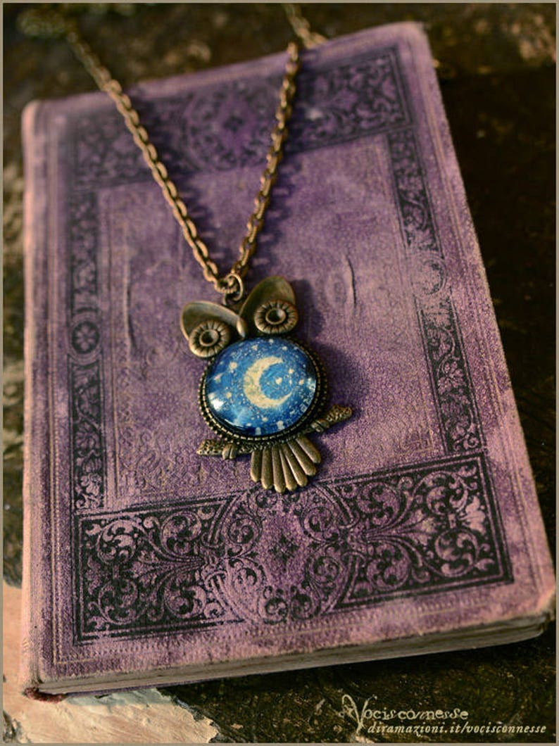 wearable art 1 Starry Night Owl art necklace handpainted Moon Luna illustrated jewelry