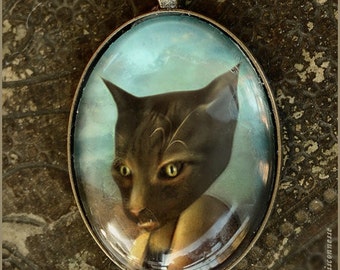 Gatto sul tetto Cat on roof illustrated locket necklace with tigereye occhio di gatto - illustrated jewelry