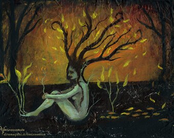 Autumn melancholy - forest dryad - original painting - on paper A4 21x29.7 cm