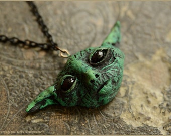 Little Green creature pendant - handsculpted in modelling clay - OOAK - Handmade jewelry sculpt