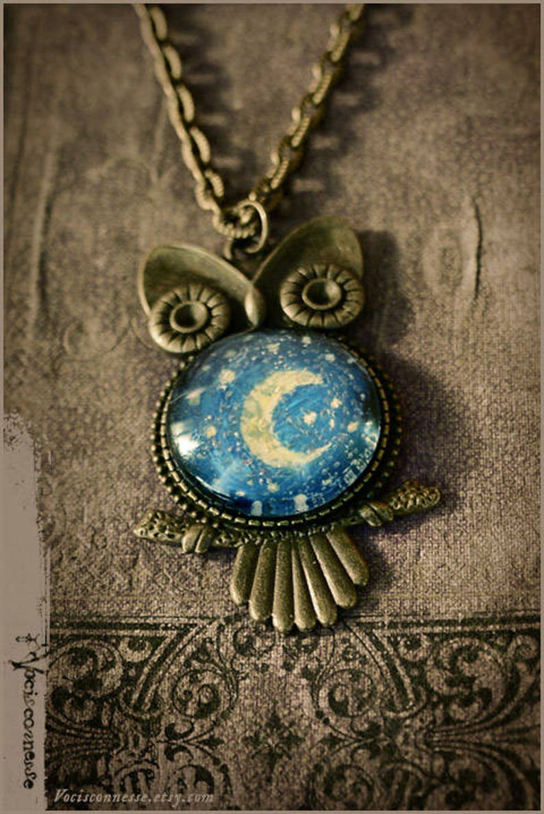 wearable art 1 Starry Night Owl art necklace handpainted Moon Luna illustrated jewelry