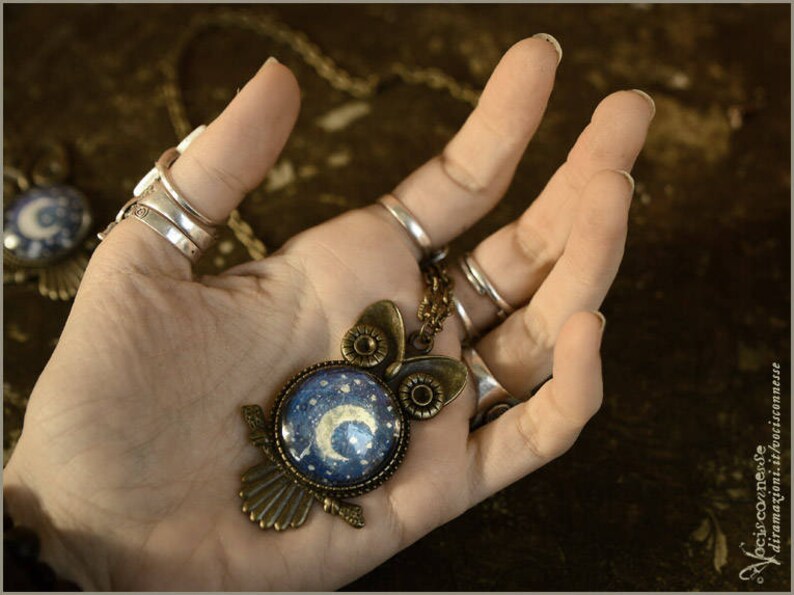 wearable art 1 Starry Night Owl art necklace handpainted Moon Luna illustrated jewelry