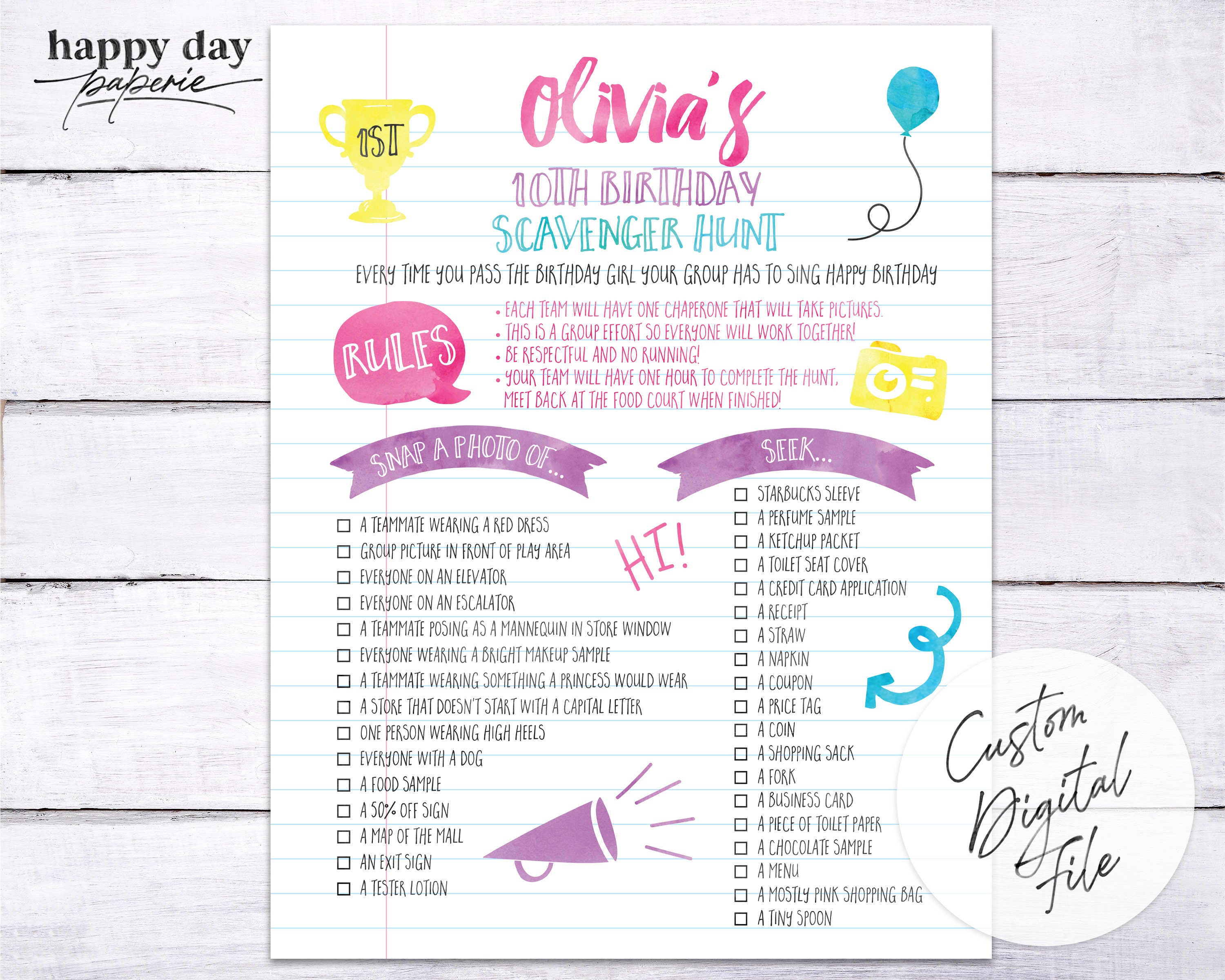 Mall Scavenger Hunt Birthday Party Checklist Custom - Etsy