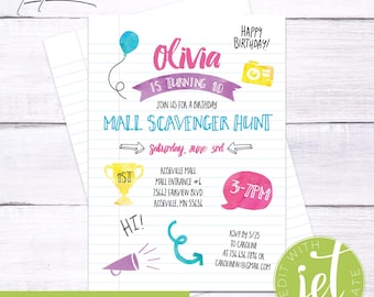 Scavenger Hunt Birthday Invitation | Girls Mall Scavenger Hunt Invite | Instant download, edit with Jet Template