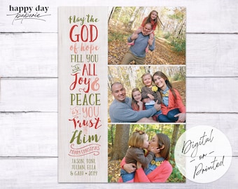 May include: A vertical Christmas family photo collage with three family photos. The left side features the text "May the GOD of hope FILL YOU with ALL Joy & PEACE as YOU Trust in Him" and "MERRY CHRISTMAS". The bottom of the text reads "JASON, TONI, JULIAN, ELLA & GABI • 2019".