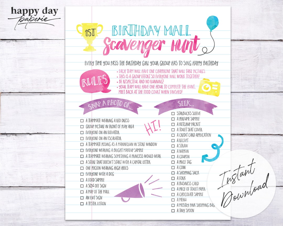 Scavenger Hunt Birthday Party Checklist  Mall Edition