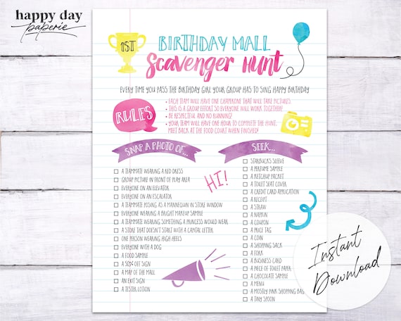 Scavenger Hunt Birthday Party Checklist | Mall Edition | Instant Download Il_570xn