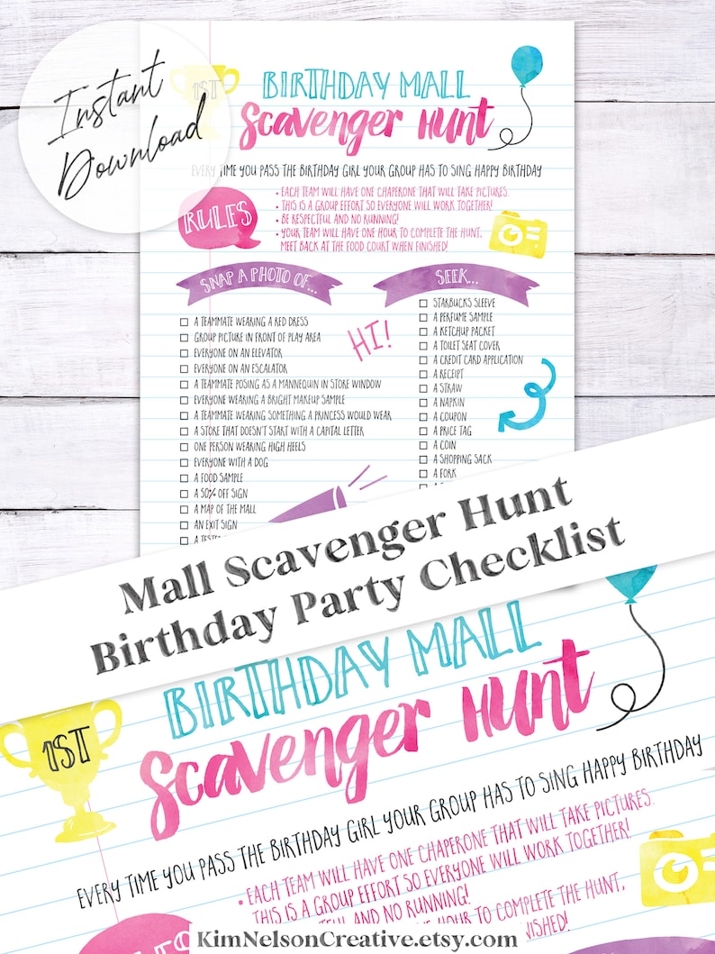 Scavenger Hunt Birthday Party Checklist Mall Edition Instant Download image 3