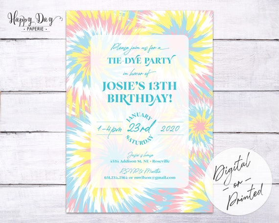 Tie-Dye Birthday Invitation | Tie Dye Invite | Custom ANY COLOR | DIGITAL or Printed File Il_570xn