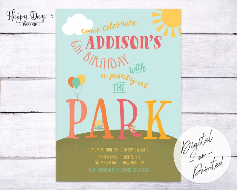 Park Birthday Party Invitation Playground Birthday Party Invitation Park Party Birthday Invite Girl DIGITAL or Printed image 1