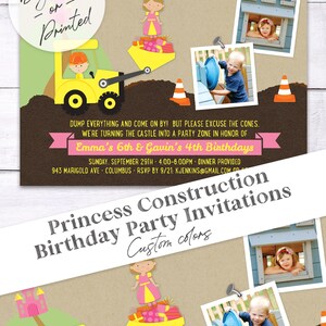 Princess and Construction Party Custom Photo Birthday Boy and Girl Invitation, Digital or Printed image 5