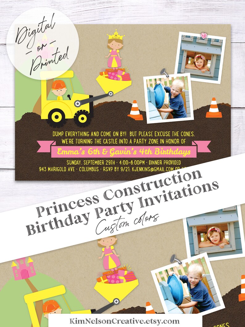 Princess and Construction Party Custom Photo Birthday Boy and Girl Invitation, Digital or Printed image 5