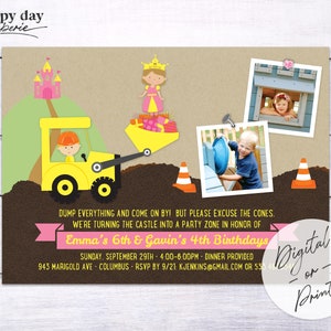 Princess and Construction Party Custom Photo Birthday Boy and Girl Invitation, Digital or Printed image 1
