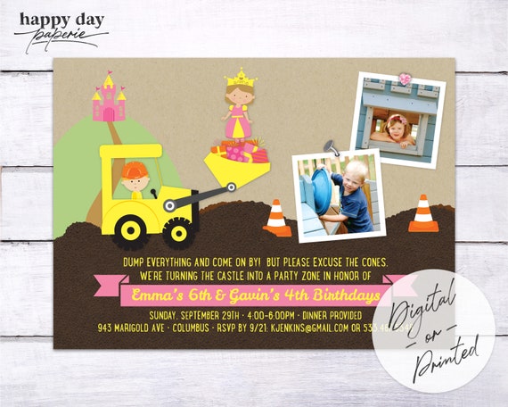 Princess and Construction Party - Custom Photo Birthday Boy and Girl Invitation, Digital or Printed Il_570xn