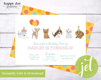 Puppy birthday party invitation, Girl dog themed birthday party invite, DIY, Instant download, edit with Jet Template