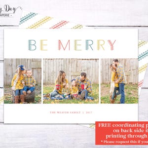 Puede incluir: Una tarjeta de Navidad con un collage de fotos familiares. La tarjeta tiene un fondo blanco con un t&iacute;tulo colorido "BE MERRY". El texto "THE WEAVER FAMILY | 2017" est&aacute; en la parte inferior de la tarjeta.