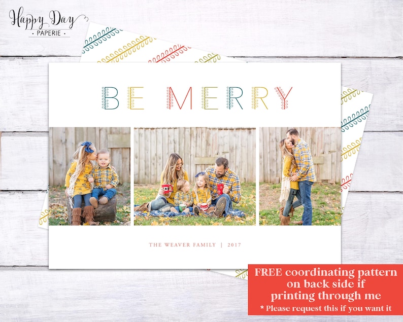 Puede incluir: Una tarjeta de Navidad con un collage de fotos familiares. La tarjeta tiene un fondo blanco con un t&iacute;tulo colorido "BE MERRY". El texto "THE WEAVER FAMILY | 2017" est&aacute; en la parte inferior de la tarjeta.