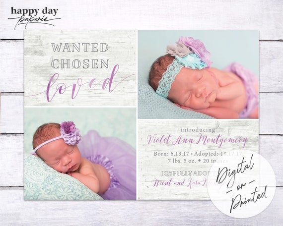 Wanted. Chosen. Loved. - Digital or Printed Custom Adoption Announcement, any color Il_570xn