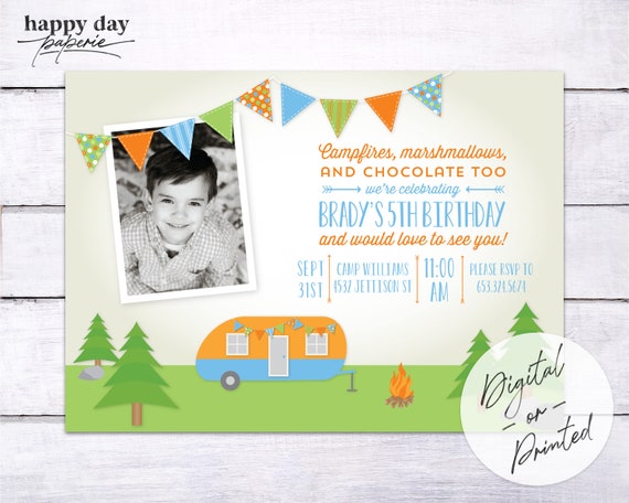 Retro Camping Trailer - Custom digital or printed Photo Birthday Invitation for any age Il_570xn