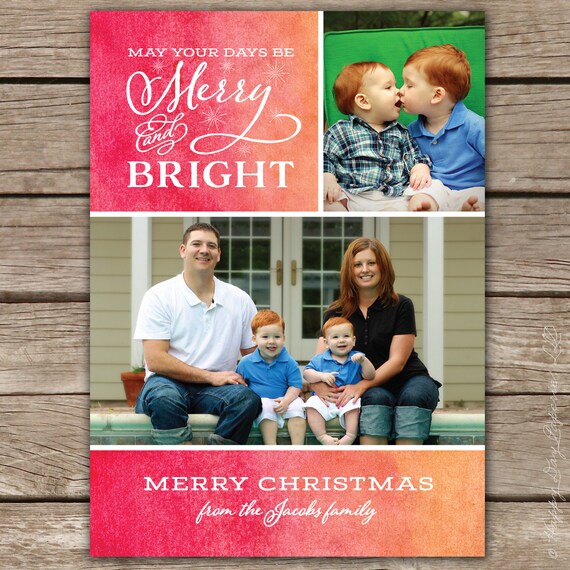 Watercolor Merry & Bright - DIGITAL Custom Christmas Holiday Photo Card Il_570xn