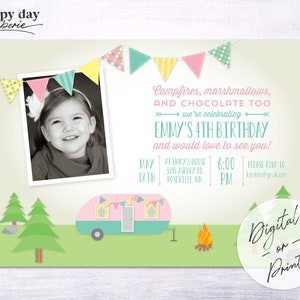 May include: A pink and blue camper van with a string of colorful flags hanging above it. The camper van is on a green lawn with two green trees and a campfire. The text on the invitation reads "Campfires, marshmallows, and chocolate too. We're celebrating Emmy's 4th birthday and would love to see you!"  The invitation also includes the date, time, and location of the party.