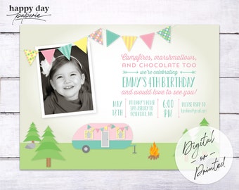 Retro Girl Camping Birthday Party Invitation | Campout Birthday Party Invitation | DIGITAL or printed