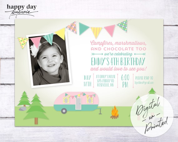 Retro Girl Camping Birthday Party Invitation | Campout Birthday Party Invitation | DIGITAL or printed Il_570xn