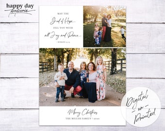 May include: A Christmas card design featuring family photos and elegant script. The card includes the text "May the God of Hope fill you with all Joy and Peace" and "Merry Christmas". The card is available as a digital or printed product.