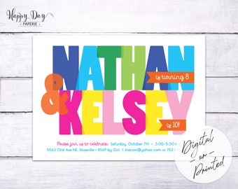 May include: A colorful birthday invitation for Nathan and Kelsey. The names are in large, overlapping letters with a bright color scheme. The invitation includes the date, time, and location of the party. It also states that Nathan is turning 8 and Kelsey is turning 10.