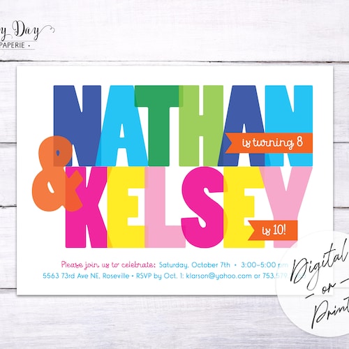 Colorful Joint Birthday Party Invitation, Invite | Friend Birthday Party Invitation | Sibling Birthday Party Invitation | DIGITAL or printed