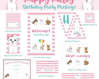 Printable Girl Puppy Birthday Party DIY Package | Puppy Party Decorations, Decor | INSTANT DOWNLOAD