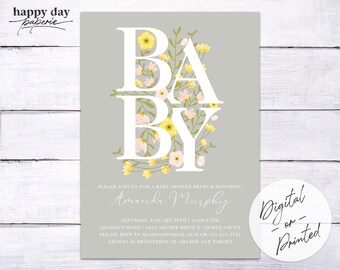 Gray Floral Baby Girl Shower Invitation | Custom Baby Shower Invitation | Digital or Printed