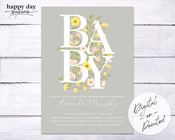 Gray Floral Baby Girl Shower Invitation | Custom Baby Shower Invitation | Digital or Printed Il_570xn