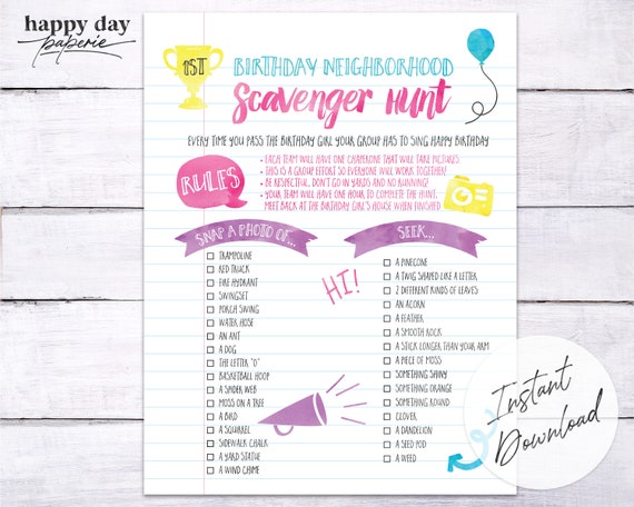 Scavenger Hunt Birthday Party Checklist | Neighborhood Edition | Instant Download Il_570xn