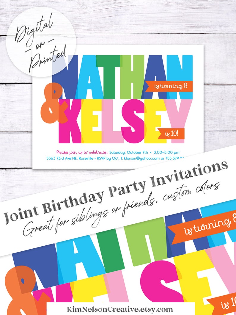 Colorful Joint Birthday Party Invitation, Invite Friend Birthday Party Invitation Sibling Birthday Party Invitation DIGITAL or printed image 5