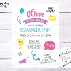 Scavenger Hunt Birthday Invitation | Girls Mall Scavenger Hunt Invite | DIGITAL or Printed