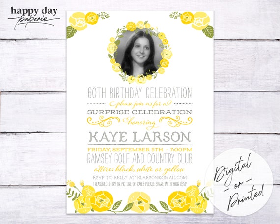 Yellow Rose - Custom DIGITAL or printed Birthday Party Invitation, any age Il_570xn