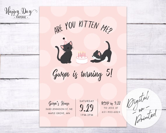 Girl Kitten Birthday Party Invitation | Kitty or Cat Party Birthday Invite | DIGITAL or Printed File Il_570xn