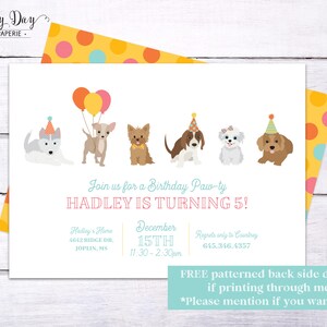 May include: A colorful birthday party invitation with a paw print design. The invitation features a line of cartoon dogs wearing party hats and holding balloons. The text reads "Join us for a Birthday Paw-ty Hadley is turning 5!" with the date and time of the party listed below.